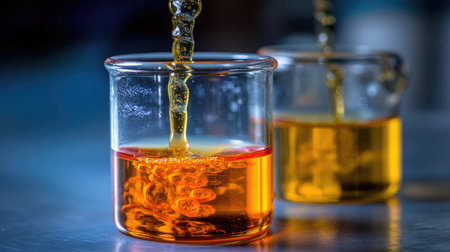 A vivid scene depicting a viscous liquid being poured into a beaker, creating vibrant swirls and bubbles within a laboratory setting.の素材