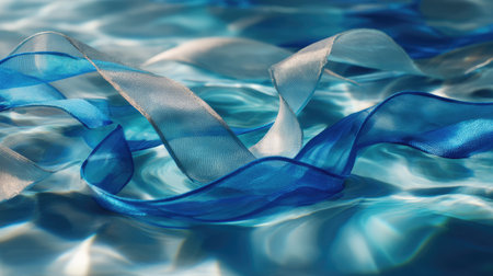 This serene image features delicate blue and white ribbons gracefully floating on a tranquil water surface, creating an elegant and peaceful atmosphere.の素材