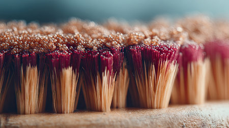 This image showcases a detailed close-up of brush bristles, adorned with glimmering bubbles on a wooden surface. Perfect for showcasing craftsmanship or artistic projects.の素材