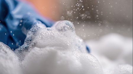 A close-up image showcasing bubbles and soapy foam on a hand wearing a blue glove, emphasizing cleanliness and hygiene in a bright, sanitized setting.の素材