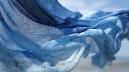 A vibrant and airy blue fabric flows gracefully in the wind, creating an elegant display of movement against a soft, cloudy sky. The light enhances its texture, offering a serene and tranquil visual perfect for artistic projects.の素材