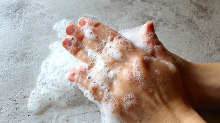 This image captures the action of hands being washed with soap, highlighting the importance of hygiene practices in everyday life to promote cleanliness and health.の素材