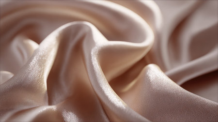 A close-up view of smooth beige satin fabric, showcasing soft folds and a luxurious sheen, perfect for fashion design, interior decor, or artistic projects.の素材