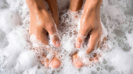 A close-up view of clean feet submerged in soapy water with bubbles, perfect for conveying themes of relaxation, self-care, and rejuvenation in wellness settings.の素材