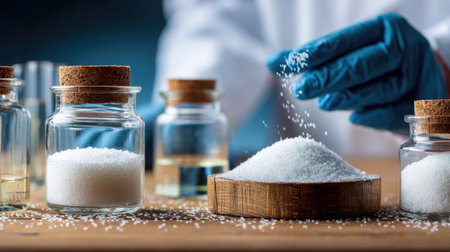 A detailed view of a scientist in a laboratory pouring granulated substances from a jar onto a wooden surface, showcasing meticulous research and experimentation.の素材