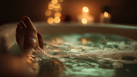 A calming scene featuring a foot in a tranquil bathtub filled with gentle bubbles. Warm ambient lights and candles create a serene atmosphere for relaxation and self-care.の素材