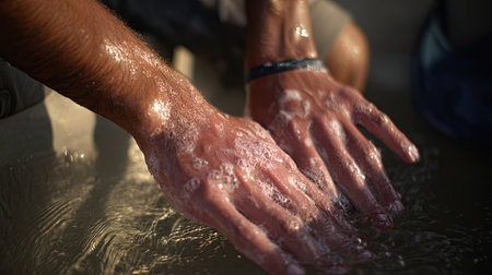 A close-up shot capturing hands splashing water against a soft sandy surface, illuminated by warm sunlight, evoking feelings of relaxation and joy.の素材