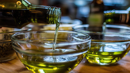 A captivating scene of fresh olive oil being poured into glass bowls, highlighting vibrant colors and textures, perfect for culinary inspiration and healthy cooking.の素材