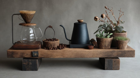 A beautiful still life arrangement featuring a pour-over coffee setup, plants, and rustic wooden elements, perfect for a cozy home atmosphere.の素材