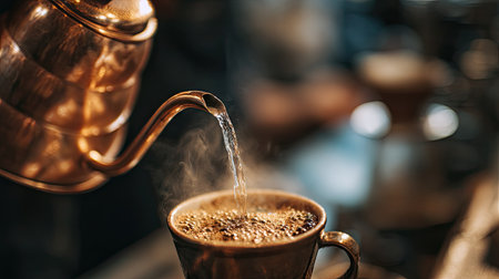 A beautifully crafted copper kettle elegantly pours hot water into a cup, filling the air with steam and the rich aroma of a brewed beverage, creating a cozy ambiance.の素材