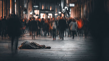 An urban scene captures a homeless individual lying on the ground as a busy crowd moves past, highlighting the contrast between solitude and bustling life in the city at night.の素材