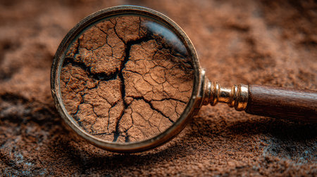 A captivating close-up image of a magnifying glass highlighting intricate cracks in a dry soil surface. The warm colors create an engaging focus on texture and detail.の素材