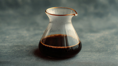 A beautifully crafted glass vessel filled with a dark liquid showcases condensation on its surface against a textured background, ideal for culinary or beverage themes.の素材