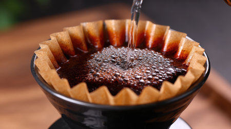 A close-up image showcasing the process of manually brewing coffee using a dripper, highlighting steam and freshness. Perfect for coffee enthusiasts and culinary bloggers.の素材