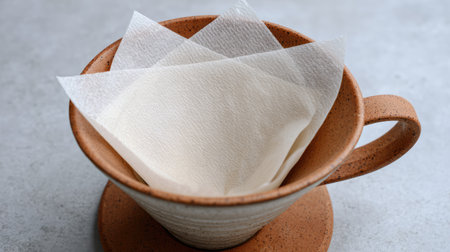 A serene image featuring a coffee filter nestled inside a ceramic cup, prepared for brewing rich coffee, perfect for coffee lovers and culinary enthusiasts.の素材