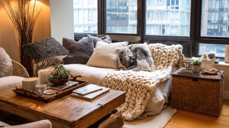 This inviting living room captures a serene atmosphere with cozy textures, warm dの素材