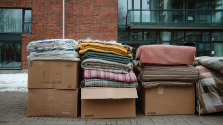 A vibrant display of colorful blankets stacked neatly on cardboard boxes, positioned outside a modern building in an urban landscape, reflecting a sense of readiness and community support.の素材