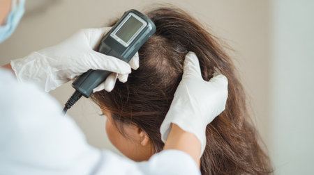 A dermatologist closely examining a patient's scalp with a specialized digital device, focused on assessing hair loss and scalp health.の素材