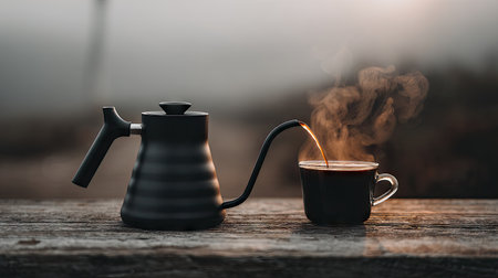 A beautiful black kettle pours steaming coffee into a clear cup, set on a rustic wooden table, capturing the warmth and comfort of morning rituals.の素材