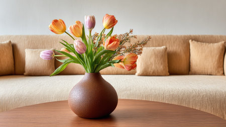 A stunning flower arrangement featuring colorful tulips in a brown vase placed on a coffee table, enhancing the serene atmosphere of a modern living room.の素材