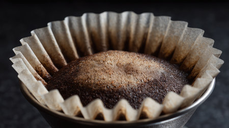 This image captures a coffee filter filled with brewed grounds, highlighting the intricate texture and rich aroma before brewing. Perfect for coffee enthusiasts.の素材