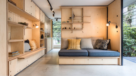 A modern minimalist living room featuring a cozy seating area with wooden furniture, plenty of natural light, and stylish decor, ideal for contemporary living.の素材