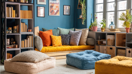 A vibrant living room featuring a cozy sofa adorned with colorful cushions, stylish decor elements, and a warm atmosphere inviting relaxation and creativity.の素材