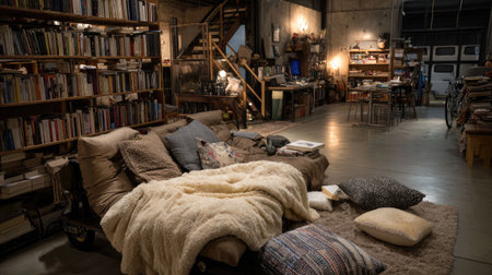 This inviting indoor library space features a plush sofa adorned with soft throws, surrounded by bookshelves and warm lighting, ideal for creative work and relaxation.の素材