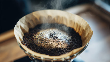 Experience the rich aroma and warmth of freshly brewed coffee as steam rises from the filter. This serene moment captures the essence of morning rituals and comfort.の素材