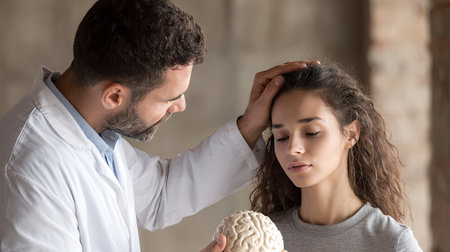 A medical professional holds a brain model while examining a patient in a clinical setting. This interaction highlights the importance of understanding neurology and cognition.の素材