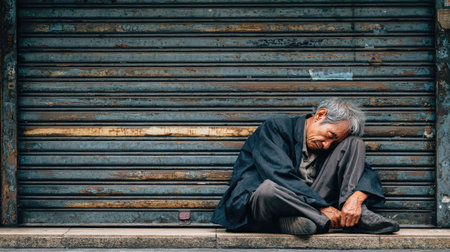 An elderly man finds a moment of rest against a weathered metal shutter in an urban setting, capturing the raw emotion of solitude and resilience.の素材