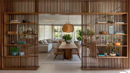 A beautifully designed contemporary living room features wooden accents, an inviting dining area, and vibrant plants, creating a harmonious space for relaxation.の素材