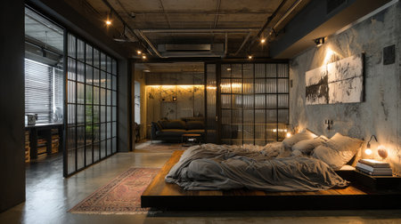 A stylish modern bedroom showcasing industrial design with wooden bed frame, cozy textiles, warm lighting, and large windows that invite natural light.の素材