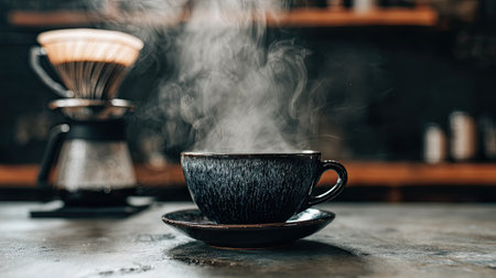 This image captures a steaming cup of black coffee on a rustic table, showcasing the warmth and comfort of a coffee ritual in a cozy cafe environment.の素材