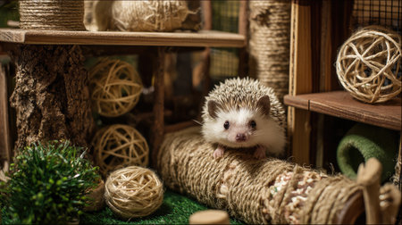 A charming hedgehog explores its cozy environment filled with natural elements like twine rolls and wooden structures, showcasing its playful spirit.の素材