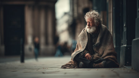 A contemplative elderly man sits on the pavement in a city, wrapped in a blanket. His expressive face reflects deep emotions and a sense of solitude.の素材