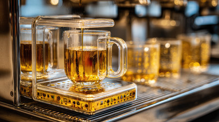A close-up view of a glass cup being filled with golden liquid from an espresso machine, highlighting the rich textures and brewing process in a coffee shop.の素材