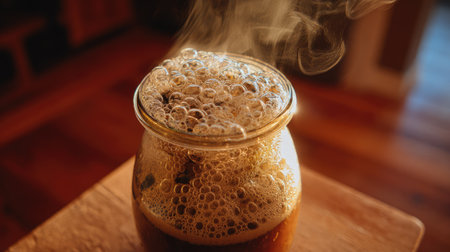 This striking image captures a hot beverage in a glass jar, with steam and bubbles creating a warm and inviting atmosphere perfect for cozy moments.の素材