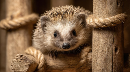 An endearing close-up shot of a hedgehog nestled in a wooden habitat, showcasing its intricate textures and soft expression. Perfect for animal lovers.の素材
