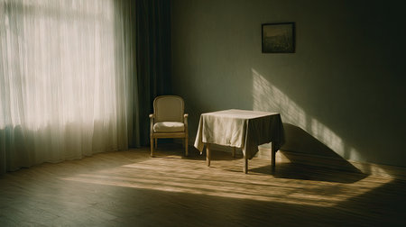 A tranquil and minimalist interior scene depicting a solitary table and chair bathed in soft, natural sunlight, highlighting the beauty of simple design.の素材