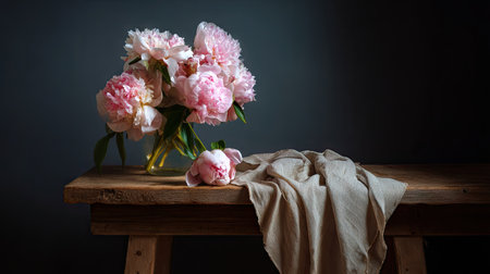 A charming still life of elegant pink peonies arranged in a vase on a rustic wooden table, complemented by a soft cloth that enhances the natural beauty.の素材