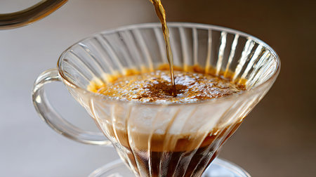 A captivating image of pour over coffee being brewed in a transparent glass cup, showcasing the rich texture and golden brown color against a blurred background, inviting warmth and comfort.の素材