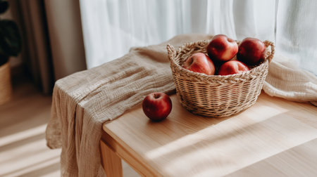 A charming still life arrangement featuring fresh red apples in a woven basket on a light wooden table, illuminated by natural light.の素材