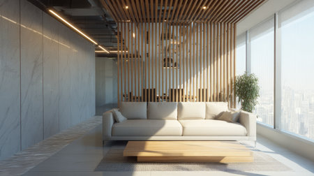 A contemporary minimalist living room featuring a stylish light sofa, wooden coffee table, and large windows offering a stunning city view. The use of natural light enhances the serene atmosphere, creating a perfect relaxation space.の素材