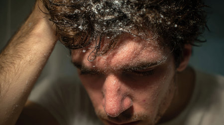 This close-up photograph features a young man with wet hair, displaying an emotional struggle. Dramatic lighting enhances the mood, capturing raw feelings.の素材