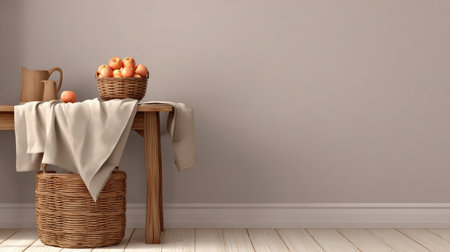 A serene kitchen display featuring fresh apples in natural baskets, a wooden table, and soft cloth draping elegantly. Ideal for rustic decor inspiration.の素材