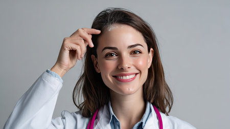 A cheerful female doctor confidently touches her hair while smiling, radiating positivity in her white coat and medical attire against a simple background.の素材