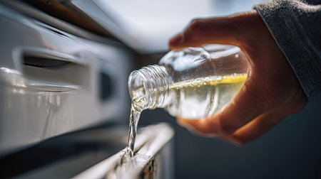 A close-up image capturing the moment of a hand pouring liquid from a transparent bottle into a kitchen drawer, highlighted by bright sunlight.の素材