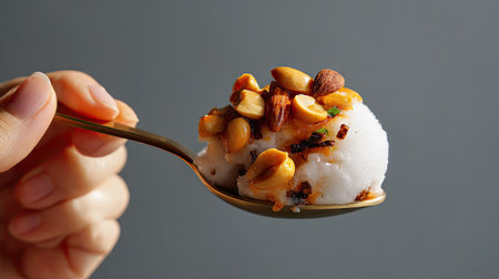 A close-up image featuring a hand holding a spoon filled with a delectable dessert topped with nuts, highlighting the art of culinary enjoyment.の素材