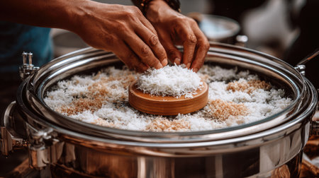 A captivating image showcasing hands delicately arranging fresh coconut on a plate filled with fragrant rice and toppings, evoking a warm culinary atmosphere.の素材